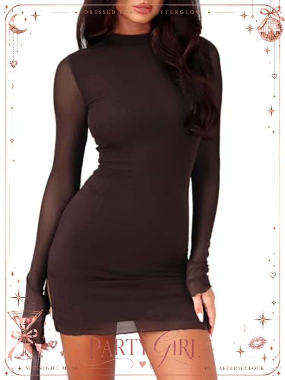 Womens Long Sleeve Bodycon Mini Dress Mock Neck Mesh Slit Club Party Dress